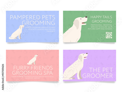 Grooming business promotional materials featuring various services for pets in a vibrant and engaging design