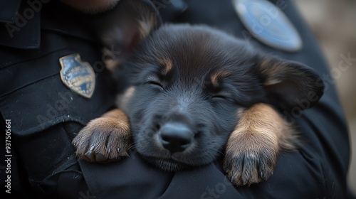 Police officer carrying a sleepy K9 puppy after a long day, puppy companionship, K9 handler bond