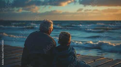 Grandfather sitting with his grandson watching the waves gently lap against the shore.