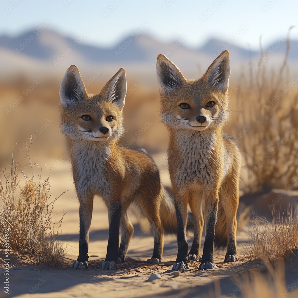 Pup and jackal standing side by side in a desert landscape, symbolizing a unique partnership, wild and tame duo, unusual partners Pup and jackal standing side by side in a desert landscape, symbolizing a unique partnership, wild and tame duo, unusual partners