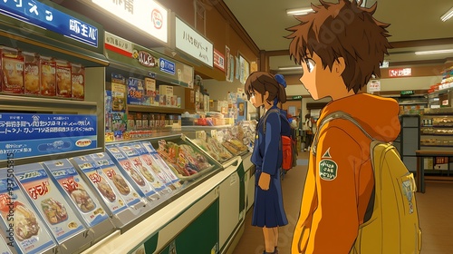 Two anime characters in a Japanese convenience store. photo