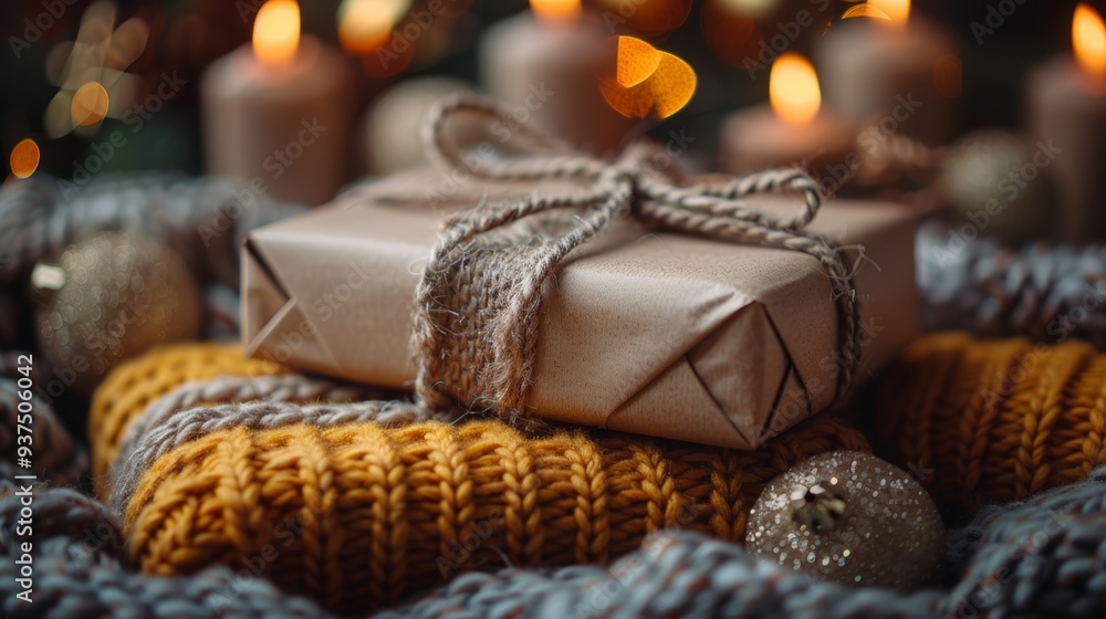 Gift wrapped in brown paper lies on cozy knitted fabric surrounded by candles and ornaments during the festive holiday season Gift wrapped in brown paper lies on cozy knitted fabric surrounded by candles and ornaments during the festive holiday season