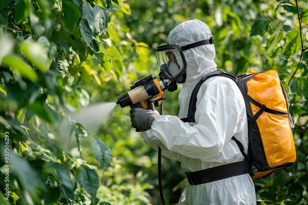 Fototapeta premium Person in protective gear spraying plants in a green environment.
