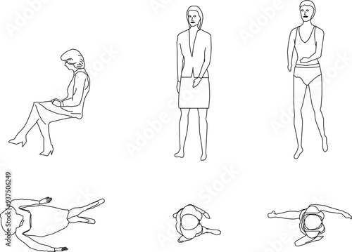 Vector sketch illustration of a silhouette design of a collection of human activities seen from the front and above