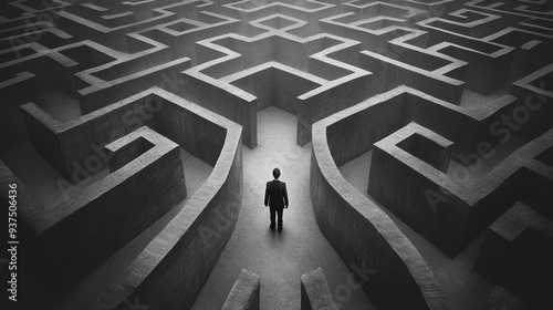 Lost in the Maze - A lone figure stands at a crossroads in a vast, foreboding maze, symbolizing confusion and decision-making.