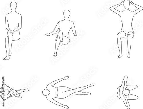 Vector sketch illustration of a silhouette design of a collection of human activities seen from the front and above