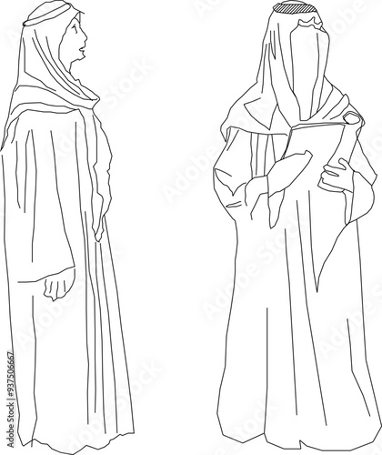Vector sketch illustration of a silhouette design of a Muslim woman wearing a hijab and veil