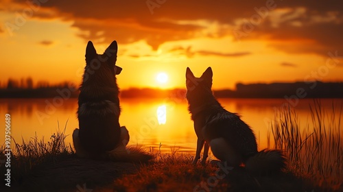 Purebred dog and coyote sitting side by side at dusk, watching the sunset together, silent buddies, wild serenity