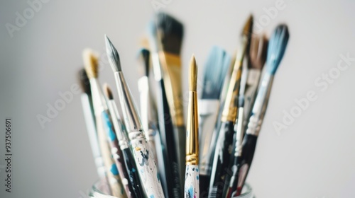 Lot of used paintbrushes are standing in a jar in an artist's studio