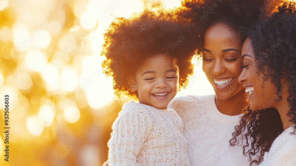 Loving African American mother and children sharing a joyful moment outdoors, bathed in warm golden sunlight. Family love, happiness, bonding. Loving African American mother and children sharing a joyful moment outdoors, bathed in warm golden sunlight. Family love, happiness, bonding.