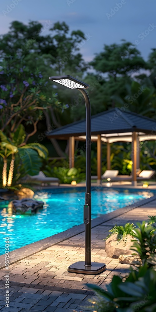 Modern Black Outdoor LED Lamp with Pool Background Modern Black Outdoor LED Lamp with Pool Background