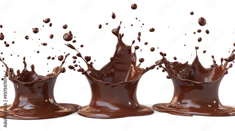 3D render. Collection of chocolate splashes isolated on a white background. Assortment of dynamic liquid splashes, including hot coffee, chocolate, and cocoa 3D render. Collection of chocolate splashes isolated on a white background. Assortment of dynamic liquid splashes, including hot coffee, chocolate, and cocoa