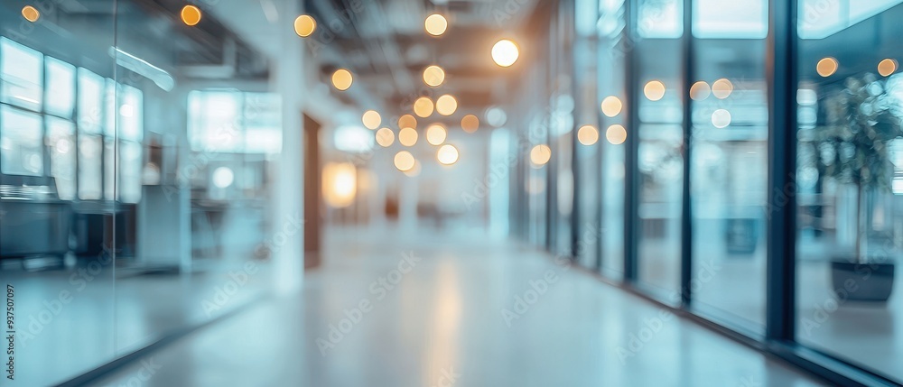 Blurred Hallway with Warm Lighting and Glass Walls Blurred Hallway with Warm Lighting and Glass Walls