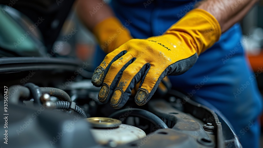 Closeup glovesed hands of a person working on a car repairing engine Closeup glovesed hands of a person working on a car repairing engine