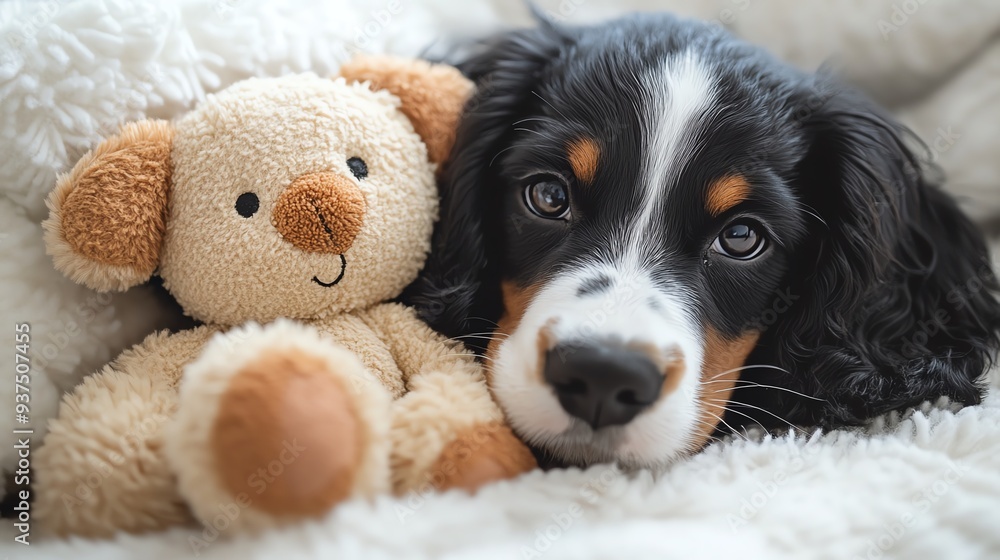 Spaniel pup cuddled up next to a familiar stuffed animal in its bed, cozy companionship, familiar security Spaniel pup cuddled up next to a familiar stuffed animal in its bed, cozy companionship, familiar security