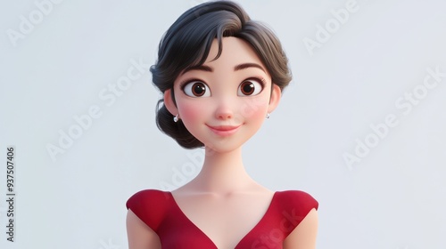 3D character close up portrait of a pleasantly amused Asian woman in a red dress, with a soft smile and sparkling eyes, on a white backdrop, cartoon style, in the style of 3D design