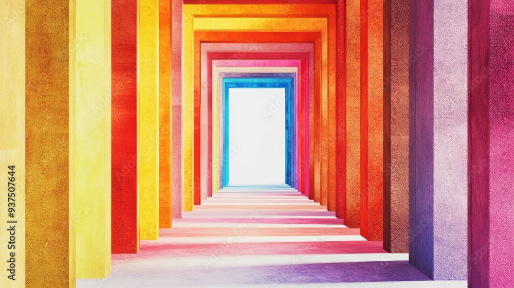 A colorful abstract hallway with a bright light at the end. The hallway is lined with vibrant walls, creating an optical illusion of depth. A colorful abstract hallway with a bright light at the end. The hallway is lined with vibrant walls, creating an optical illusion of depth.