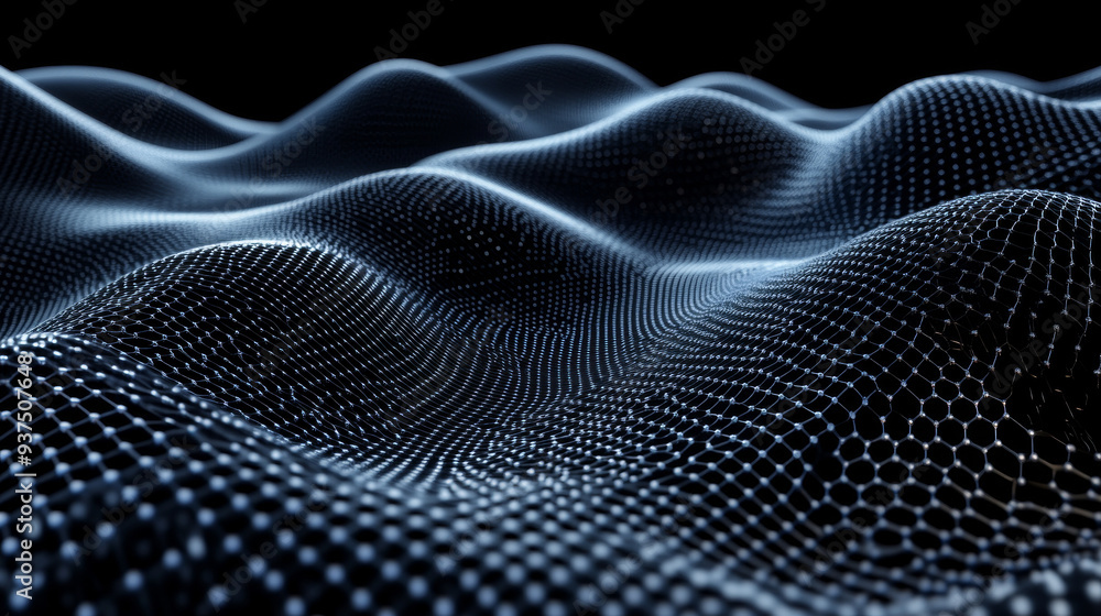 Abstract metallic mesh forming a wave shape. 3D metal mesh made up of hexagons. Graphene molecular lattice. Neural network. 3D render. Abstract metallic mesh forming a wave shape. 3D metal mesh made up of hexagons. Graphene molecular lattice. Neural network. 3D render.