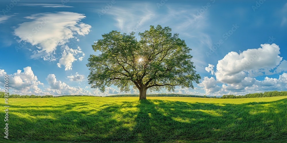 Obraz premium Big tree on green field and blue sky with clouds, summer landscape
