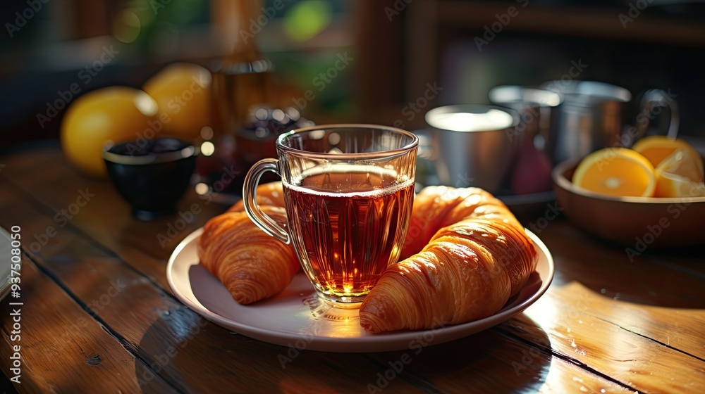 Breakfast with orange juice and croissant. Still life with pastries and coffee. Breakfast with orange juice and croissant. Still life with pastries and coffee.