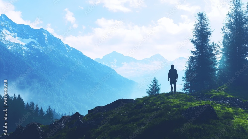 A lone figure stands on a mountain ridge, overlooking a valley and majestic snow-capped peaks. The sky is a vibrant blue, with fluffy white clouds. A lone figure stands on a mountain ridge, overlooking a valley and majestic snow-capped peaks. The sky is a vibrant blue, with fluffy white clouds.