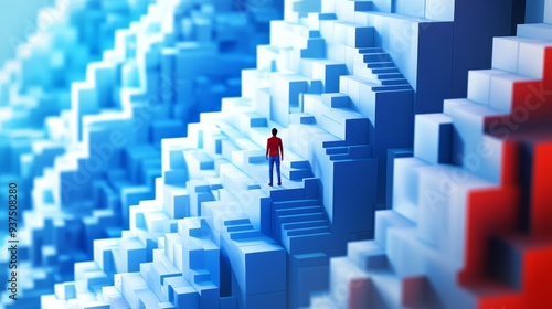 A lone figure stands on a stairway of blue and white blocks, looking out at a vast, abstract landscape. The image symbolizes ambition, progress, and the journey towards a goal.