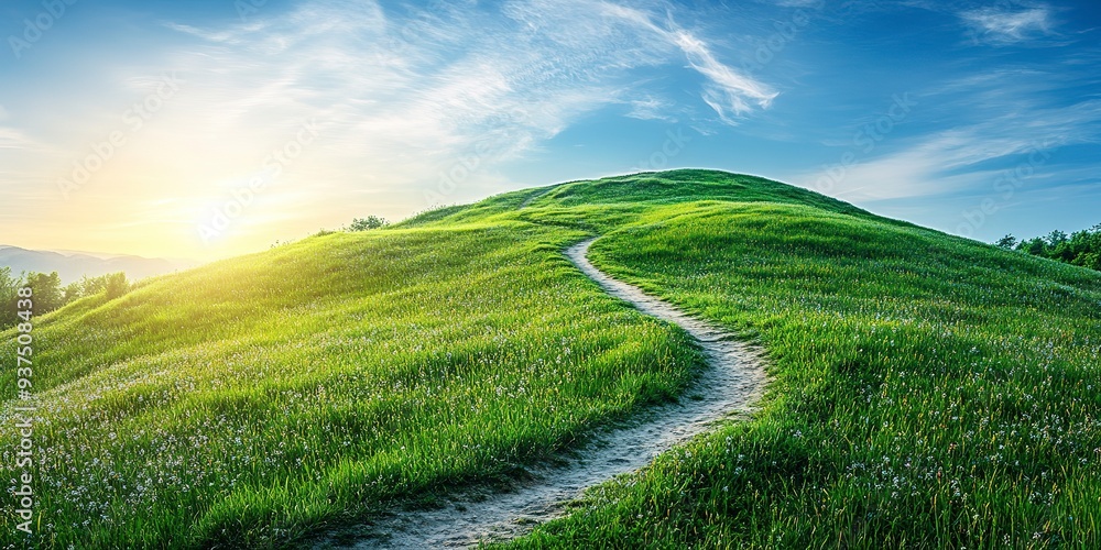 Fototapeta premium The vibrant green landscape features a winding path leading up a hill. The sky boasts a soft blue hue with wispy clouds.