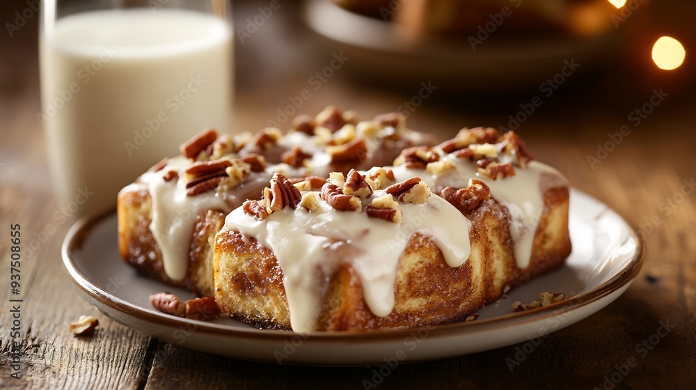 Close-up of pecan-topped cinnamon rolls with frosting