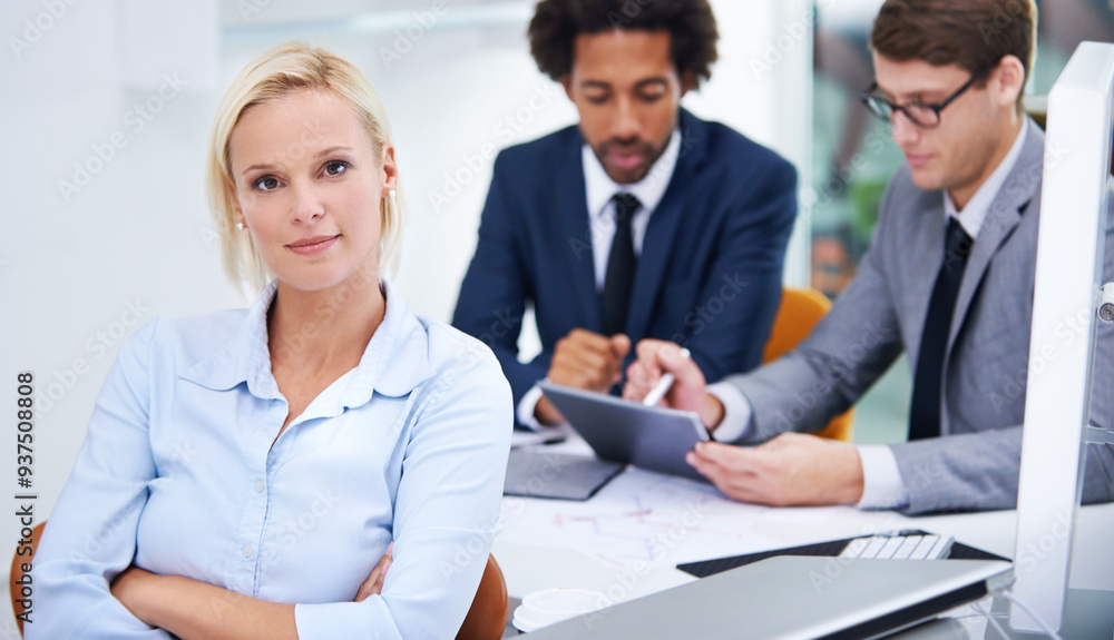 Portrait, meeting or proud businesswoman with arms crossed and legal team for court case or justice. Career, coworking or female lawyer in office with attorney or confidence at law firm by colleagues Portrait, meeting or proud businesswoman with arms crossed and legal team for court case or justice. Career, coworking or female lawyer in office with attorney or confidence at law firm by colleagues