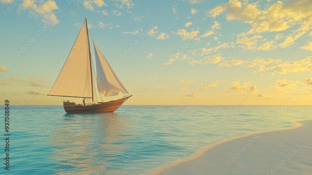 A sailboat glides through tranquil turquoise waters under a vibrant, sunset sky. A sailboat glides through tranquil turquoise waters under a vibrant, sunset sky.