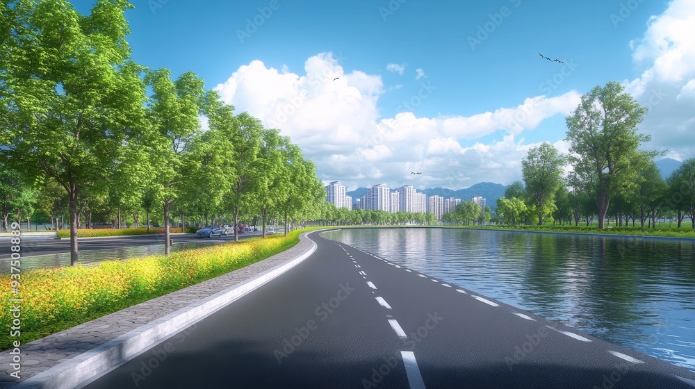 Fototapeta premium A scenic road lined with trees and a lake, leading towards a distant cityscape. The sky is bright blue with fluffy white clouds.