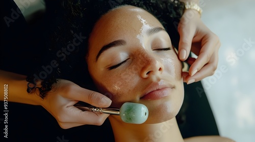 Therapist Performing Relaxing Facial Treatment with Jade Roller on Client s Face in Calming Spa Environment for Skin Rejuvenation and Revitalization photo