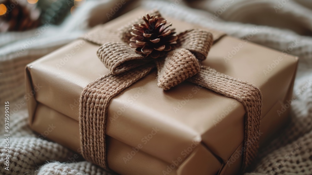 A beautifully wrapped gift adorned with a pine cone, resting on a cozy knitted blanket, capturing the essence of a festive season celebration indoors A beautifully wrapped gift adorned with a pine cone, resting on a cozy knitted blanket, capturing the essence of a festive season celebration indoors
