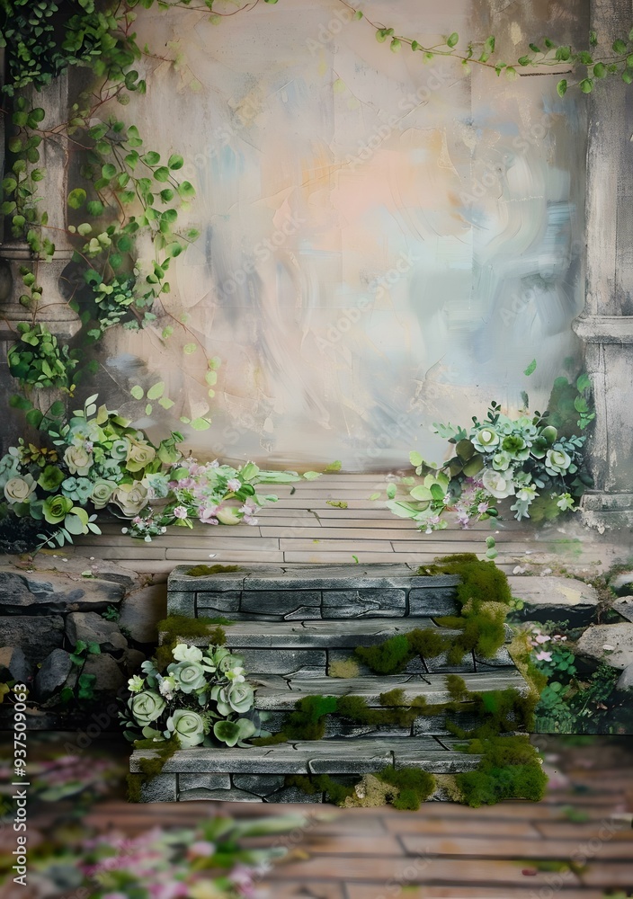Obraz premium Stone Steps with Green Vines and Flowers Background