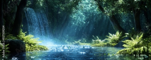 A tranquil stream flows through a lush, vibrant forest, sunlight filtering through the dense foliage.