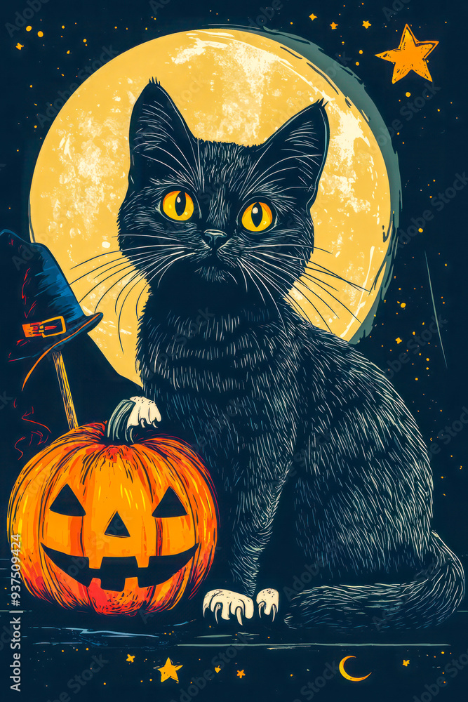 Illustration of a black cat with bright yellow eyes sitting next to a carved pumpkin under a full moon, Halloween-themed Illustration of a black cat with bright yellow eyes sitting next to a carved pumpkin under a full moon, Halloween-themed