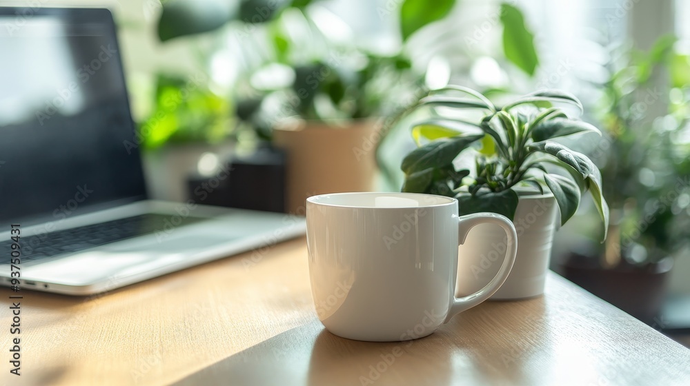 A white mug sits on a wooden desk with a laptop and potted plants in the background. A white mug sits on a wooden desk with a laptop and potted plants in the background.