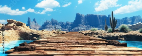 A wooden path leading into a desert landscape with a lone cactus. photo