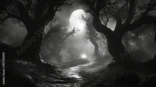 a spooky forest at night with glowing full moon