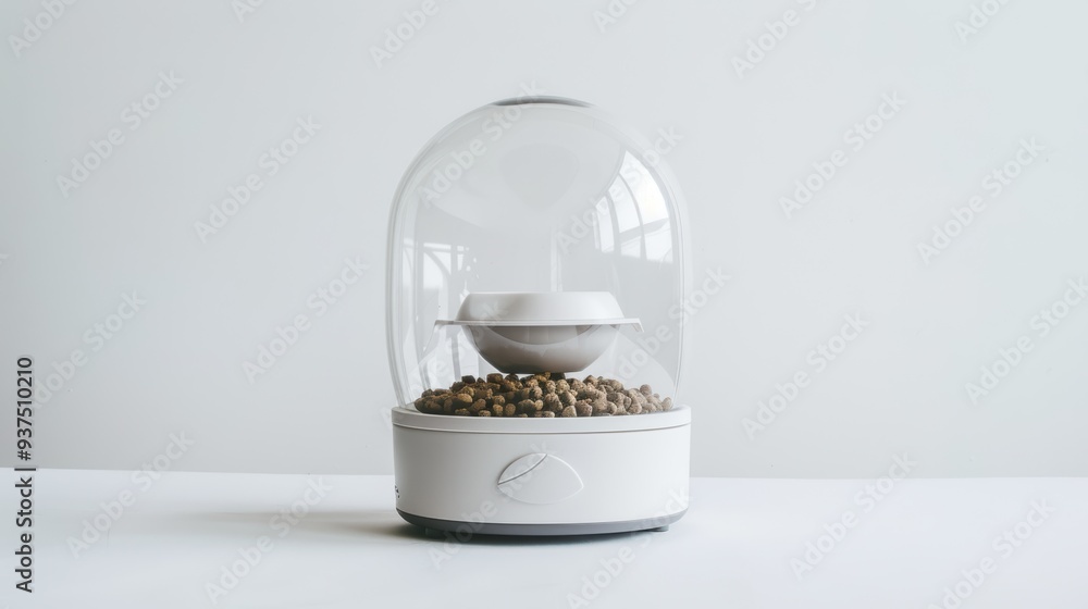 Modern dry food automatic pet feeder with bowl standing on white table Modern dry food automatic pet feeder with bowl standing on white table