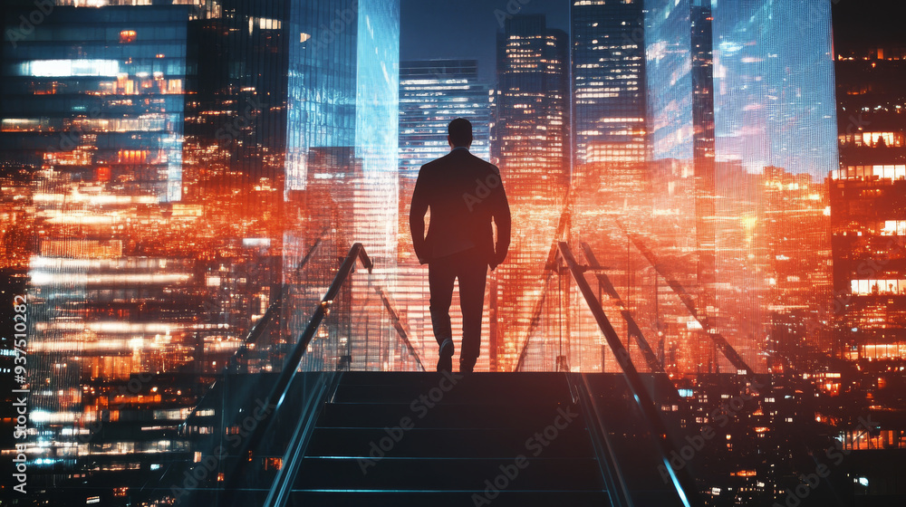 A businessman ascending stairs, overlaid with a double exposure of New York office buildings illuminated at night. This represents business success, goal attainment, and leadership. A businessman ascending stairs, overlaid with a double exposure of New York office buildings illuminated at night. This represents business success, goal attainment, and leadership.