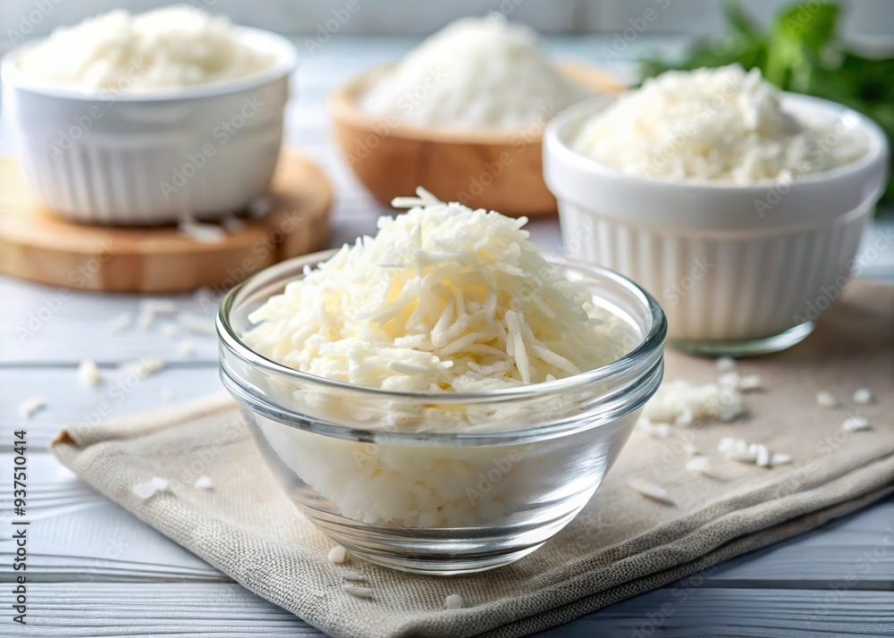 fresh shredded coconut flake in glass bowl fresh shredded coconut flake in glass bowl
