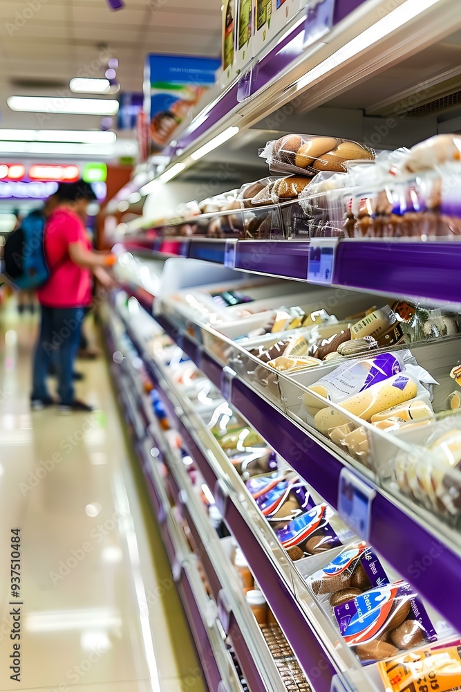 Fototapeta premium Supermarket aisle with packaged food items
