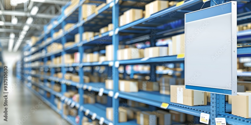 Blank Sign Hanging In Warehouse With Cardboard Boxes On Shelves Blank Sign Hanging In Warehouse With Cardboard Boxes On Shelves