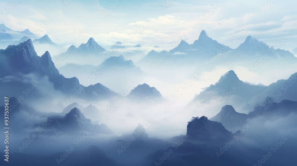 A breathtaking view of a majestic mountain range shrouded in a thick mist, creating an ethereal and mystical atmosphere A breathtaking view of a majestic mountain range shrouded in a thick mist, creating an ethereal and mystical atmosphere