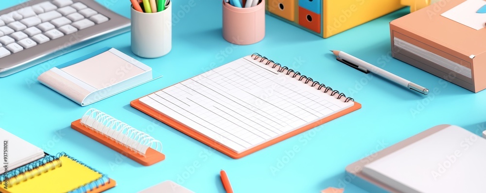 Blue desk with notebook, pencils, keyboard and office supplies. Blue desk with notebook, pencils, keyboard and office supplies.