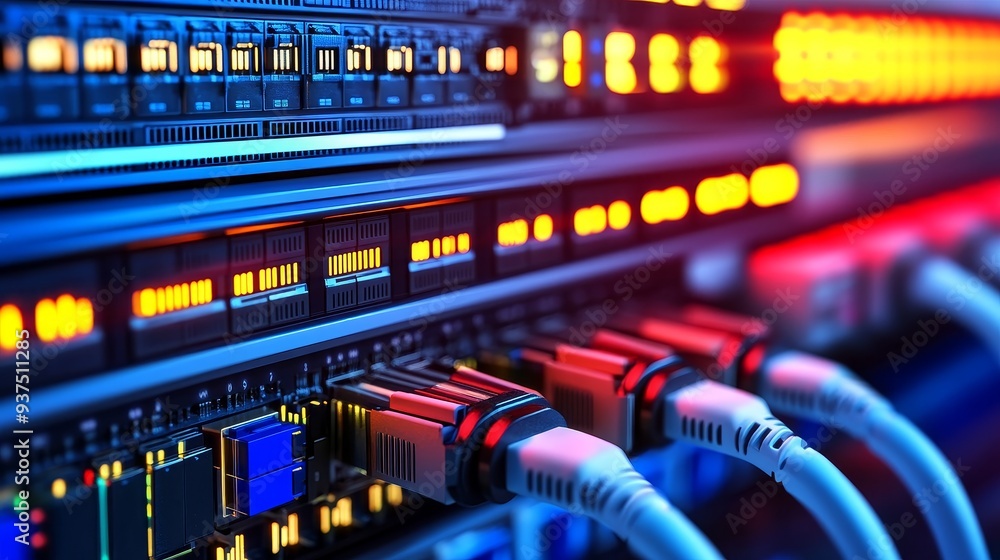 Close-up of a server rack with network cables plugged in. The glowing lights indicate activity and data flow. Close-up of a server rack with network cables plugged in. The glowing lights indicate activity and data flow.