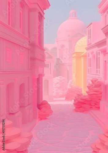 Pink City Street With Buildings and Trees