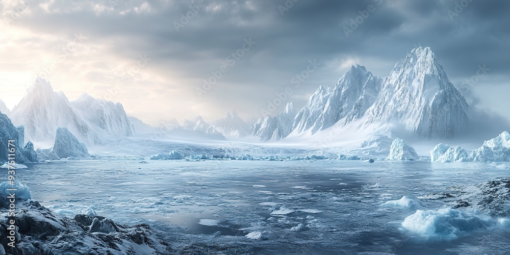 A panoramic shot of the pristine and icy mountain landscape of Antarctica under a subdued sky A panoramic shot of the pristine and icy mountain landscape of Antarctica under a subdued sky