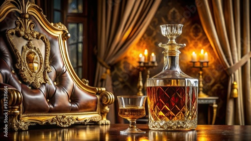 Luxury whiskey decanter old world elegance ornate gold frame lavish setting opulent atmosphere velvet drapes photo